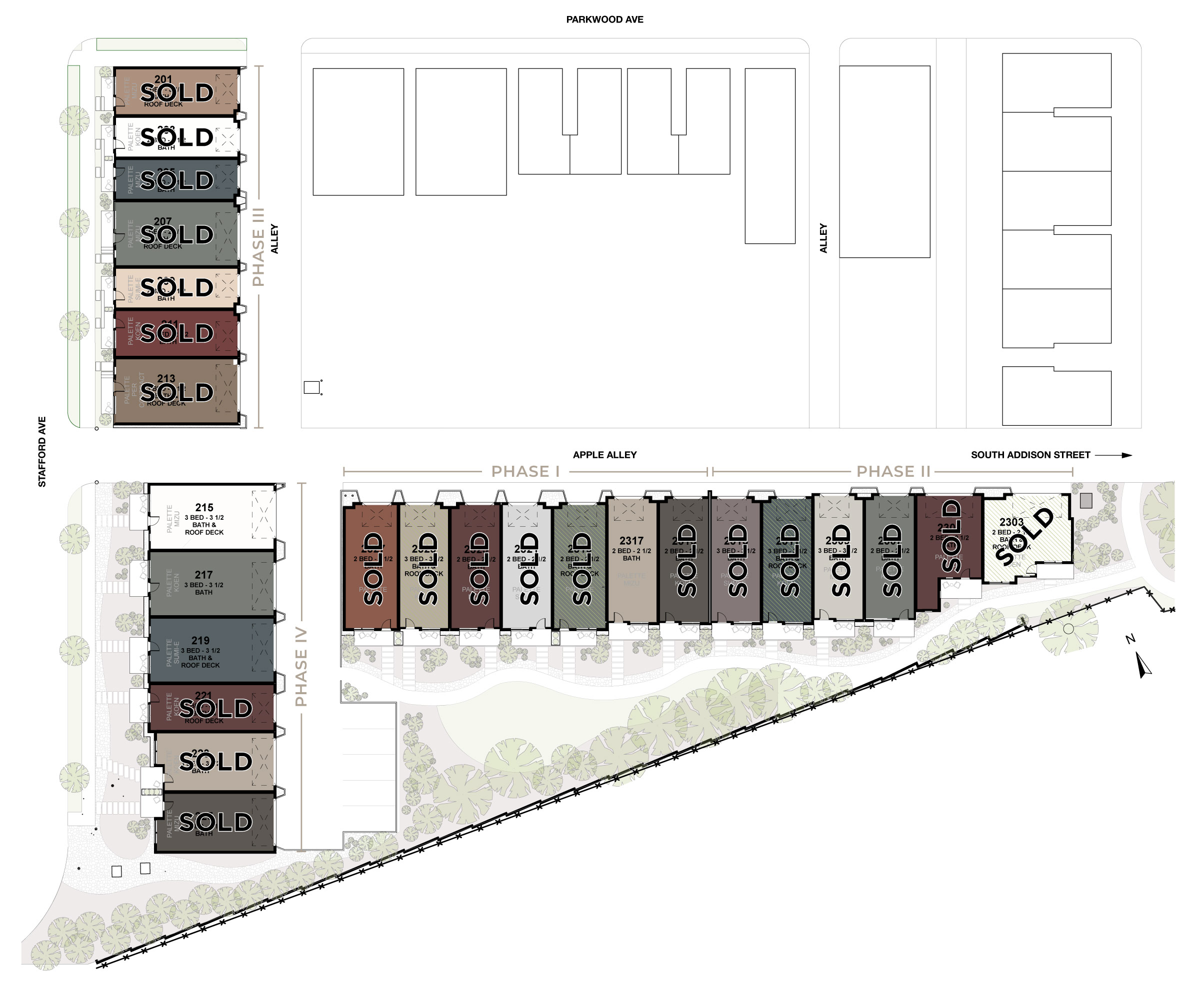 Site plan showing sold units along the left row of townhomes, with roads and parking areas labeled Parkwood Ave and Apple Alley.